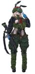  1girl absurdres assault_rifle baggy_pants black_boots black_pantyhose black_serafuku blonde_hair blue_eyes blue_gloves boots breasts gloves green_pants grenade_launcher gun helmet highleg highleg_leotard highres holding holding_gun holding_weapon knee_pads leotard load_bearing_vest lutjens-chan m16 m16a2 m203 original pants pantyhose playboy_bunny rifle school_uniform serafuku sideboob solo suspenders tactical_playboy_bunny tactical_school_uniform tape underbarrel_grenade_launcher v weapon 
