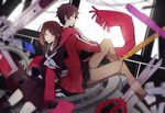  1girl bad_id bad_pixiv_id brown_hair hair_ornament hairclip hood hooded_track_jacket jacket kagerou_project kisaragi_shintarou long_hair red_eyes red_scarf scarf school_uniform serafuku short_hair tateyama_ayano teranishi_(hazukitera) track_jacket 