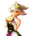  detached_collar domino_mask dress earrings eating food fried_egg gloves hair_rings holding hotaru_(splatoon) jewelry mask nishizawa object_on_head orange_eyes pointy_ears short_hair simple_background solo splatoon_(series) splatoon_1 strapless strapless_dress toast white_background white_gloves white_hair 