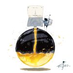  1other artist_name backpack bag blue_jacket commentary crater fish flying_fish full_moon gloves helmet highres holding jacket kazunoko_(kazunoko_zunoco) looking_down moon original other_focus pouring radio_antenna shadow signature simple_background solo space_helmet standing white_background white_gloves 