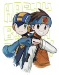  blue_bodysuit blue_headband blue_helmet bodysuit brothers brown_hair closed_mouth fist_bump green_eyes happy_birthday headband helmet highres lan_hikari_(mega_man) m0gaku mega_man_(series) mega_man_battle_network_(series) megaman.exe orange_vest parted_lips shirt short_hair siblings simple_background sketch smile twins upper_body vest white_background white_shirt 
