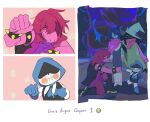  1girl 1other 2boys :i ^_^ armlet blue_gloves blush border bracelet closed_eyes colored_skin commentary covered_eyes deltarune fist_bump furry furry_female gloves green_hat green_robe hashtag-only_commentary hat highres jewelry kris_(deltarune) lancer_(deltarune) medium_hair multiple_boys on_one_knee pink_skin purple_hair ralsei robe shaded_face smile spiked_armlet spiked_bracelet spikes standing susie_(deltarune) white_border yaksa_del 