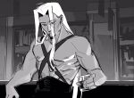  1boy alcohol aqua_eyes bar_(place) black_pants chest_strap cigarette cup depressed final_fantasy final_fantasy_vii furrowed_brow highres holding holding_cup j.r._doyle long_bangs long_hair male_focus pants parted_bangs pectorals sephiroth solo spot_color topless_male upper_body white_hair 
