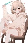  1girl absurdres ahoge alternate_costume animal_ears bare_legs brown_eyes brown_hair brown_hoodie cat_ears closed_mouth commentary crossed_bangs dot_mouth food hana20000920 highres holding holding_food holding_popsicle hololive hololive_english hood hoodie huge_ahoge long_sleeves looking_at_viewer naked_hoodie nanashi_mumei notice_lines official_alternate_hair_length official_alternate_hairstyle piercing popsicle short_hair simple_background sitting sleeves_past_wrists solo sweat symbol-only_commentary virtual_youtuber white_background wooden_chair 