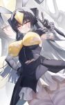  1girl antennae armpits black_dress black_gloves black_hair blush breasts commentary_request crossed_bangs dress dutch_angle frilled_gloves frills from_below gloves gradient_eyes hand_on_own_hip hand_up headpiece highres jihua_tong large_breasts long_hair looking_at_viewer looking_down miniskirt multicolored_eyes panties pantyshot personification see-through_clothes see-through_skirt simple_background skirt solo standing steaming_body striped_clothes striped_sleeves striped_thighhighs thighhighs thighs torn_clothes torn_dress torn_sleeves ultra_kaijuu_gijinka_keikaku ultra_series underwear v very_long_hair white_background white_skirt white_thighhighs yellow_eyes yellow_panties zetton zoom_layer 