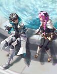 2boys absurdres arm_guards armor armored_skirt astolfo_(fate) black_bow black_gloves black_thighhighs boots bow braid braided_ponytail charlemagne_(fate) cloak collar crossdressing emblem facing_another fate/extella fate/extella_link fate/extra fate/grand_order fate_(series) fountain fur-trimmed_cloak fur_trim gauntlets gloves hair_bow hair_intakes highres keka_(user_sgch4854) knee_boots long_hair long_sleeves looking_at_another multicolored_hair multiple_boys multiple_hair_bows otoko_no_ko pink_hair shadow single_braid single_hair_streak smile streaked_hair thighhighs water waving white_boots white_cloak white_hair zettai_ryouiki 