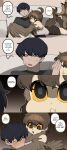 absurd_res animal_humanoid avian avian_humanoid biped bird_humanoid blush bodily_fluids bottomwear breasts clothed clothing comic dialogue duo eyes_closed female hi_res human humanoid junkzero lying male male/female mammal nude open_mouth owl_humanoid pants speech_bubble sweat text thick_thighs