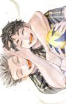  2boys akaashi_keiji ball black_hair bokuto_koutarou fukurodani_volleyball_uniform haikyuu!! hand_on_another&#039;s_head happy highres holding holding_ball hug hug_from_behind ilst_prac_hq looking_at_viewer male_focus multiple_boys open_mouth shirt short_hair sideways simple_background smile sportswear teeth tongue volleyball_(object) volleyball_uniform white_background 