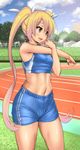  abs blonde_hair blush brown_eyes cowboy_shot crop_top day double_vertical_stripe eyebrows_visible_through_hair gym_shorts highres hobby_(kento) long_hair midriff navel open_mouth original outdoors shorts sleeveless solo standing stomach stretch sweat tight track track_uniform twintails upper_teeth very_long_hair 