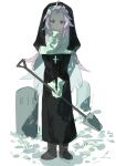  1boy alternate_costume black_dress boots brown_boots capelet chinese_commentary closed_mouth commentary_request cross cross_necklace crossdressing curtained_hair dress expressionless full_body gloves hatsutori_hajime highres holding holding_shovel jewelry liningne long_hair long_sleeves male_focus necklace nun otoko_no_ko parted_bangs pink_hair red_eyes saibou_shinkyoku shovel sidelocks solo tombstone traditional_nun veil white_capelet white_gloves 