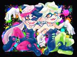  ;d aori_(splatoon) cousins detached_collar domino_mask dress earrings fangs food food_on_head gloves green_legwear hair_rings highres hotaru_(splatoon) jewelry long_hair mask mole mole_under_eye multiple_girls object_on_head one_eye_closed open_mouth orange_eyes pantyhose purple_legwear satokichi short_hair short_jumpsuit smile splatoon_(series) splatoon_1 strapless strapless_dress sushi unitard 