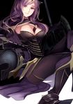 armor armored_boots axe black_armor boots breasts camilla_(fire_emblem_if) cleavage fire_emblem fire_emblem_if gauntlets headwear_removed helmet helmet_removed highres knee_boots large_breasts long_hair looking_at_viewer machi_wt metal_boots pantyhose parted_lips purple_eyes purple_hair red_eyes sitting solo weapon 