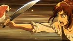  1girl animated animated_gif bare_shoulders brown_eyes brown_hair dress knife meat ponytail sasha_braus shingeki_no_kyojin 