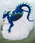 ambiguous_gender ambiguous_pred ambiguous_prey ardhan_(scaly_scholar) artist_name belly big_belly black_sclera black_wings blue_body blue_frill blue_wings bodily_fluids dragon drooling duo frill_(anatomy) grass head_crest head_frill huge_belly hyper hyper_belly lying membrane_(anatomy) membranous_wings mythological_creature mythological_scalie mythology neck_bulge on_front outside paw_imprint plant saliva santanahoffman scalie solo_focus tail tail_frill text three-quarter_view vore white_body white_eyes wings