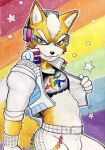 2025 anthro armor bisexual_pride_colors bulge canid canine clothed clothing crop_top cropped_jacket eyelashes fox fox_mccloud fur headgear helmet hi_res jacket lgbt_pride lgbt_pride_month lipstick makeup male mammal nintendo open_clothing open_jacket open_topwear pansexual_pride_colors pride_colors rainbow rainbow_pride_colors shirt solo star star_fox topwear ulala_ko yellow_body yellow_fur