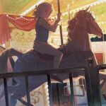  1178801032 1boy aged_down ai_the_somnium_files backlighting blonde_hair carousel child expressionless green_eyes highres holding holding_pole in-universe_location long_sleeves male_focus medium_hair pole ponytail sejima_saito shirt short_ponytail shorts sitting sitting_on_object solo vest waistcoat white_shirt 