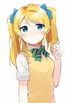  3: alternate_hairstyle ayase_eli blonde_hair blue_eyes bow frown hair_bow hair_twirling long_hair love_live! love_live!_school_idol_project solo sweater_vest tears totoki86 twintails 