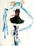  1girl absurdres adapted_costume aqua_hair asymmetrical_legwear bare_arms bare_shoulders black_dress black_shoes black_thighhighs blue_eyes closed_mouth collared_dress diagonal-striped_legwear dress earrings grey_thighhighs hair_ornament hands_up hatsune_miku highres holding holding_own_hair jewelry kimagure_mercy_(vocaloid) long_hair looking_down masking_tape_(medium) mismatched_earrings mismatched_legwear mixed_media necktie oikoko_koko photo_(medium) red_necktie shoes sidelocks sleeveless sleeveless_dress solo star_(symbol) star_earrings thighhighs traditional_media unconventional_media very_long_hair vocaloid white_background zettai_ryouiki 