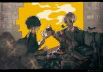  1boy 1girl absurdres aqua_eyes aqua_hair blurry blurry_foreground book bright_pupils card cat champagne_bottle chess_piece coat collared_shirt commentary_request dark-skinned_male dark_skin deerstalker depth_of_field donut dress_shirt elbow_rest food glass grey_shirt hat highres holding holding_card jimini_shijimi layered_sleeves long_sleeves magnifying_glass muted_color no_pupils open_clothes open_coat original outstretched_arm photo_(object) plant playing_card poker_chip shelf shirt short_hair short_hair_with_long_locks short_over_long_sleeves short_sleeves simple_background sitting smoke smoking smoking_pipe table trench_coat wanted_poster white_hair white_pupils white_shirt yellow_background 