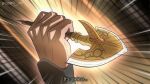  arrow_(jojo) arrow_(projectile) english_text genda_art giorno_giovanna hand_focus highres holding holding_arrow holding_weapon jojo_no_kimyou_na_bouken solo stone_ocean subtitled vento_aureo weapon 