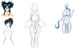  blue_eyes blue_hair blush concept_art demon_girl eyebrows highres long_tongue multiple_girls original sketch tendril_arm thick_eyebrows tongue white_background white_skin 