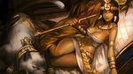  armlet breasts brown_hair cat dark_skin egyptian green_eyes headdress highres jewelry large_breasts league_of_legends lips long_hair lying midriff navel nidalee on_side pharaoh_nidalee polearm short_hair solo spear thighs weapon weien 