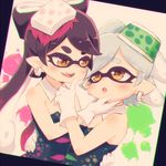  aori_(splatoon) ayakashi_(monkeypanch) black_hair blush brown_eyes chromatic_aberration cousins domino_mask earrings fangs food food_on_head gloves hair_rings highres hotaru_(splatoon) jewelry long_hair mask mole mole_under_eye multiple_girls object_on_head open_mouth pointy_ears short_hair silver_hair splatoon_(series) splatoon_1 tentacle_hair white_gloves 