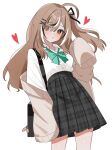  1girl :o absurdres ahoge alternate_costume bag black_hair black_ribbon black_skirt breasts brown_cardigan brown_eyes brown_hair cardigan collared_shirt commentary dress_shirt eyes_visible_through_hair hair_ornament hair_ribbon hana20000920 heart high-waist_skirt highres hololive hololive_english long_hair long_skirt long_sleeves looking_at_viewer medium_breasts multicolored_hair nanashi_mumei one_side_up open_cardigan open_clothes open_mouth plaid_clothes plaid_skirt pleated_skirt ribbon shirt shirt_tucked_in shoulder_bag sidelocks simple_background skirt sleeves_past_fingers sleeves_past_wrists solo streaked_hair symbol-only_commentary virtual_youtuber white_background white_hair white_shirt x_hair_ornament 