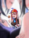 3girls blue_fire blue_hair blurry blurry_foreground breasts candy elizabeth_rose_bloodflame elizabeth_rose_bloodflame_(1st_costume) fire fire_on_chest food hair_between_eyes highres holding holding_candy holding_food holding_lollipop hololive hololive_english large_breasts lollipop long_hair massiveyog multiple_girls nerissa_ravencroft open_mouth propeller propeller_hat red_eyes red_hair shiori_novella swirl_lollipop teeth virtual_youtuber white_background 