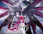  1girl absurdres armor asymmetrical_armor asymmetrical_wings beam_rifle black_armor black_wings blue_eyes breasts commentary cowboy_shot double_halo dress earrings energy_gun gun gundam gundam_seed gundam_seed_destiny halo hashtag-only_commentary highres holding holding_gun holding_weapon hololive hololive_english irys_(hololive) jewelry long_hair mecha mechanical_wings mobile_suit multicolored_hair pointy_ears purple_eyes purple_hair red_hair robot science_fiction star_halo strapless strapless_dress streaked_hair strike_freedom_gundam takuslasher9 two-tone_hair v-fin virtual_youtuber weapon white_armor white_dress white_wings wings 