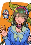  1girl :d blue_shirt bow bowtie breasts chabashira_tenko choker collarbone danganronpa_(series) danganronpa_2:_goodbye_despair doraemon doraemon_(character) green_eyes green_ribbon hair_ribbon hairband hands_up highres large_breasts long_sleeves low_twintails mole mole_under_mouth open_mouth orange_background pink_choker pink_hairband ribbon sailor_collar shirt smile solo twintails white_background white_bow white_bowtie white_ribbon white_sailor_collar youko-shima 