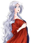  alternate_hairstyle blue_eyes hair_down long_hair no_hat no_headwear open_mouth silver_hair simple_background solo touhou undressing unya very_long_hair white_background yagokoro_eirin 