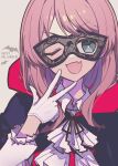  1girl absurdres ascot bang_dream! bang_dream!_it&#039;s_mygo!!!!! black_cape black_mask black_ribbon cape chihaya_anon chinese_commentary commentary_request fang grey_background grey_eyes hand_up happy_halloween highres long_hair mask masquerade_mask neck_ribbon one_eye_closed pink_hair ribbon simple_background skin_fang solo upper_body variant_set white_ascot white_background zhong_xiansheng 