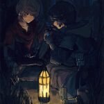  1boy 1girl black_gloves black_hair black_vest brown_hair closed_mouth final_fantasy final_fantasy_xvi fingerless_gloves gloves grass hair_between_eyes hair_over_one_eye highres holding_potion hood hood_down hooded_jacket jacket joshua_rosfield jote_(ff16) kneeling lantern red_scarf red_shirt scarf shirt short_hair sitting smile soraoyogusakana vest 