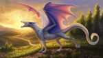 ambiguous_gender black_claws blue_horn blue_membrane brown_mane claws deltablackk dragon feral flower grass hi_res horn mane membrane_(anatomy) membranous_wings mythological_creature mythological_scalie mythology plant scales scalie solo ventral_scales white_body white_scales wings