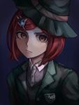 1girl black_hat black_jacket brown_eyes brown_vest collared_shirt danganronpa_(series) danganronpa_v3:_killing_harmony gradient_background grey_shirt hair_ornament hairclip hat highres jacket open_clothes open_jacket red_hair shirt short_hair solo two-tone_shirt upper_body vest vixx_(vixiolatte) white_shirt witch_hat yumeno_himiko 