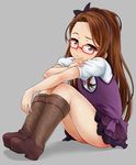  bespectacled blush boots brown_hair fang glasses hairband idolmaster idolmaster_(classic) long_hair looking_at_viewer mamezou minase_iori red-framed_eyewear red_eyes ribbon sitting smile solo 