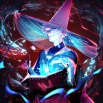  1boy arotuchi blue_eyes book bridal_gauntlets cape eye_trail fingernails glaring glasses glowing hat highres holding holding_book light_trail magic male_focus penis qifrey_(tongari_boushi_no_atelier) sigil solo tassel tongari_boushi_no_atelier water white_hair witch_hat 