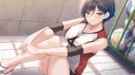  1girl ball black_hair black_shorts blue_hair blush breasts brown_eyes cleavage collarbone elbow_pads gym_uniform hair_between_eyes highres knees_up large_breasts looking_at_viewer multicolored_hair on_floor original rama_(yu-light8) shirt short_hair shorts sitting sleeveless sleeveless_shirt smile socks solo sportswear sweat thighs two-tone_hair volleyball volleyball_(object) volleyball_uniform white_socks 