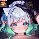  2girls absurdres black_gloves blonde_hair blue_eyes commentary cum cum_in_mouth cum_overflow dokibird_(vtuber) english_commentary feather_hair fellatio futa_with_female futanari futanari_pov gloves gradient_hair green_hair hair_ornament hairclip hand_on_another&#039;s_head heart heart-shaped_pupils highres indie_virtual_youtuber live_tucker_reaction_(meme) maid_headdress meme mint_fantome multicolored_hair multiple_girls oral penis pointy_ears pov rukunikun short_hair solo_focus symbol-shaped_pupils triangular_headpiece two_side_up virtual_youtuber wavy_hair white_hair x_hair_ornament 