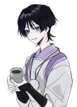  1boy armor black_hair blunt_ends blush clothing_cutout cup fingernails genshin_impact hands_up highres holding holding_cup japanese_armor japanese_clothes kariginu kimono kote kurokote layered_sleeves looking_at_viewer male_focus no6_gnsn open_mouth pale_skin pom_pom_(clothes) purple_eyes purple_kimono purple_sleeves scaramouche_(genshin_impact) scaramouche_(kabukimono)_(genshin_impact) shoulder_cutout sleeves_rolled_up smile solo string tasuki upper_body white_background white_mouth white_sleeves wispy_bangs yunomi 