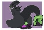 alien alien_(franchise) ambiguous_gender anthro anus big_anus big_breasts big_butt breasts butt duo eyeless female female/ambiguous forebodingart green_anus grin hi_res kobold lying nude_anthro on_back puffy_anus purple_background rear_view scalie simple_background size_difference smile thick_thighs xenomorph