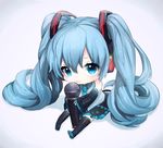  blue_eyes blue_hair blue_nails boots chibi colorized hatsune_miku highres koujira kyama long_hair microphone nail_polish necktie oversized_object skirt solo thigh_boots thighhighs twintails very_long_hair vocaloid 