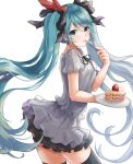  1girl aqua_hair black_ribbon black_skirt black_thighhighs blue_eyes breasts cake commentary_request food fork frilled_shirt frills from_side frown hair_ribbon hatsune_miku highres holding holding_fork holding_plate long_hair looking_at_viewer miniskirt neck_ribbon plate pleated_skirt ribbon shirt short_sleeves simple_background skirt solo standing strawberry_cake swept_bangs thighhighs twintails very_long_hair vocaloid white_background white_shirt world_is_mine_(vocaloid) yoshiki1020 zettai_ryouiki 