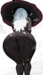 1girl absurdres aelion_draws anus aroused ass ass_focus bare_shoulders black_skin breasts colored_skin completely_nude dark-skinned_female dark_anus dark_skin elden_ring elden_ring_nightreign from_behind hat heavy_breathing highres huge_ass large_breasts large_hat long_hair nude presenting presenting_anus presenting_ass purple_hat pussy recluse_(elden_ring) simple_background solo steam steaming_body sweat thighs very_dark_skin white_hair witch witch_hat 