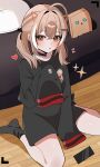  1girl :o absurdres ahoge alternate_costume between_legs black_choker black_ribbon black_shorts black_socks black_sweater brown_eyes brown_hair cellphone choker cushion drawn_ears friend_(nanashi_mumei) from_above hair_ribbon hana20000920 hand_between_legs hand_up heart highres hololive hololive_english lace-trimmed_choker lace_trim looking_at_viewer multicolored_hair nanashi_mumei notice_lines open_mouth phone ribbon shorts sitting sleeves_past_fingers sleeves_past_wrists smartphone socks sparkle streaked_hair sweater torn_clothes torn_sweater triangle_mouth twintails virtual_youtuber wariza wooden_floor 