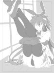  1boy absurdres animal_ears astolfo_(fate) astolfo_(saber)_(fate) black_bow black_thighhighs bow bowtie bulge crossdressing detached_sleeves facing_viewer fake_animal_ears fate/grand_order fate_(series) gloves greyscale hair_bow highres holding_legs iino_makoto legs_up long_hair looking_at_viewer mary_janes monochrome multicolored_hair multiple_hair_bows otoko_no_ko panties patterned_background rabbit_ears shoes simple_background single_hair_streak smile streaked_hair thighhighs underwear white_hair 