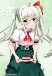  1girl ahoge blue_eyes blush bow braid cake cake_slice chair collared_shirt commentary_request dress_shirt einhard_stratos food fujima_takuya green_background green_hair green_skirt hair_between_eyes hair_bow heterochromia high-waist_skirt holding holding_plate long_hair looking_at_viewer lyrical_nanoha mahou_shoujo_lyrical_nanoha on_chair open_mouth plate puffy_short_sleeves puffy_sleeves purple_eyes red_bow shirt short_sleeves sitting skirt solo twintails very_long_hair white_shirt 