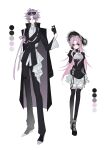  2boys alternate_costume artist_request black_bonnet black_coat black_gloves black_hair black_jacket black_pants black_shoes black_thighhighs bonnet bow buttons chinese_commentary cleavage_cutout closed_mouth clothing_cutout coat coat_on_shoulders color_guide commentary_request commission crossdressing curtained_hair double-breasted dress earrings eyewear_on_head frilled_dress frilled_thighhighs frills full_body gloves gothic_lolita grey_socks hand_on_own_cheek hand_on_own_face hatsutori_hajime height_difference highres jacket jewelry lapels lolita_fashion long_hair long_sleeves male_focus mary_janes multiple_boys otoko_no_ko pants parted_bangs pink_bow pink_hair purple_hair red_eyes saibou_shinkyoku second-party_source shoes short_dress short_hair simple_background smile socks sunglasses sweater theodore_riddle thigh_strap thighhighs turtleneck very_long_hair white_background white_sweater wide_sleeves 