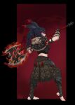  1girl animal_ears armor axe battle_axe black_background black_hair blue_eyes commission difman english_commentary engraved evil_smile feet fiery_background fighting_stance fire flaming_weapon from_side fur_trim gloves highres leather_armor long_hair looking_at_viewer looking_back median_furrow midriff multicolored_hair nail_polish original rabbit_ears red_background red_hair red_streaks signature smile solo stirrup_legwear streaked_hair tiptoes toeless_legwear toenail_polish toenails toes two-tone_background two-tone_hair viera vjkta_vesttur_(berserker_bun) weapon 